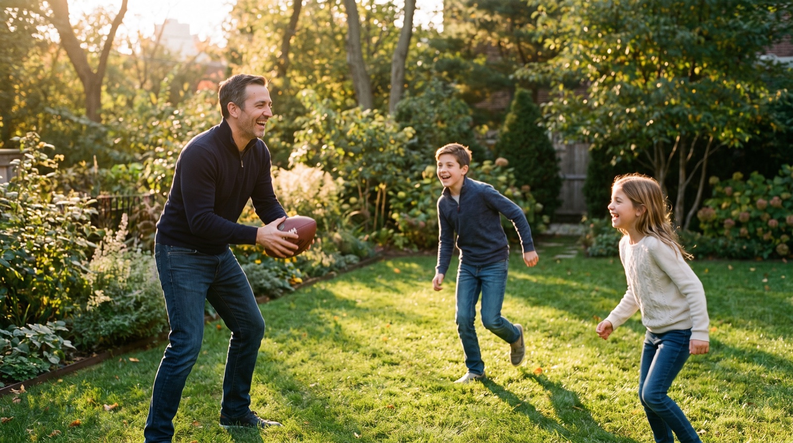 A father playing football with his two kids in the garden after work.